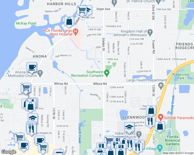 map of restaurants, bars, coffee shops, grocery stores, and more near 13125 Wilcox Road in Largo