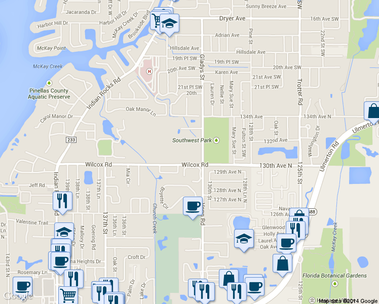 map of restaurants, bars, coffee shops, grocery stores, and more near 13125 Wilcox Road in Largo