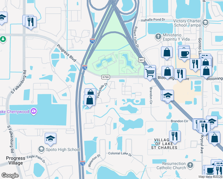 map of restaurants, bars, coffee shops, grocery stores, and more near 6104 Olivedale Drive in Riverview