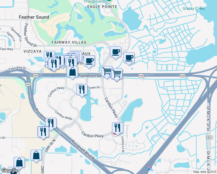 map of restaurants, bars, coffee shops, grocery stores, and more near 100 main street north in St. Petersburg