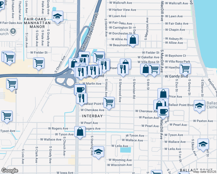map of restaurants, bars, coffee shops, grocery stores, and more near 5000 South Himes Avenue in Tampa