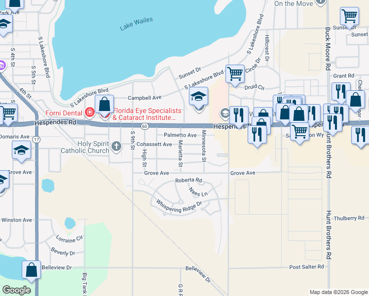 map of restaurants, bars, coffee shops, grocery stores, and more near 1050 Cohassett Avenue in Lake Wales