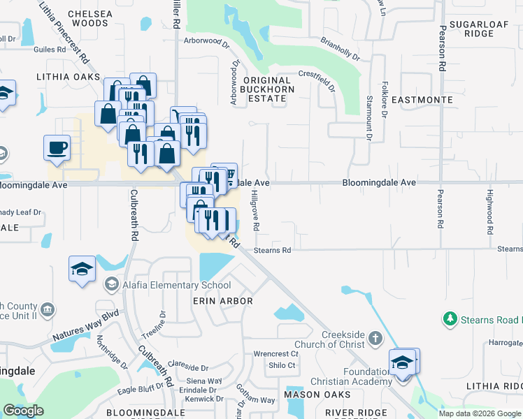 map of restaurants, bars, coffee shops, grocery stores, and more near 3407 Hillgrove Road in Valrico