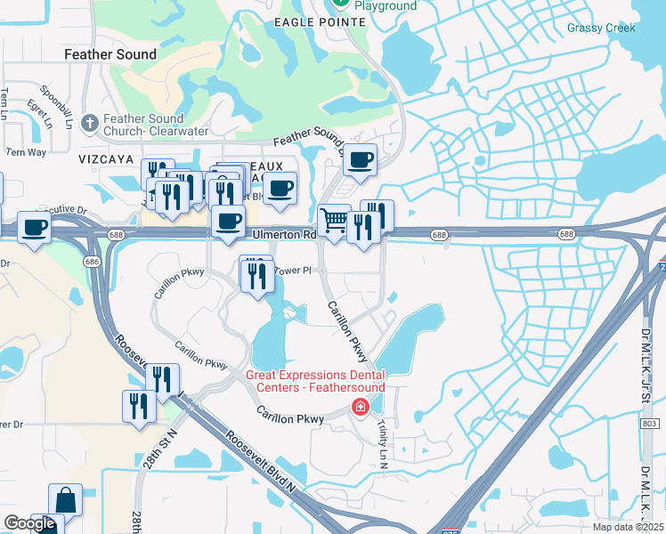 map of restaurants, bars, coffee shops, grocery stores, and more near 100 main street north in St. Petersburg