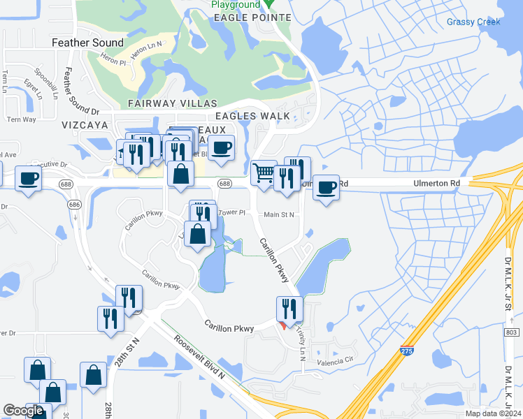 map of restaurants, bars, coffee shops, grocery stores, and more near 100 main street north in St. Petersburg