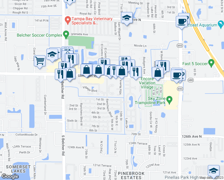 map of restaurants, bars, coffee shops, grocery stores, and more near 7298 Ulmerton Road in Largo