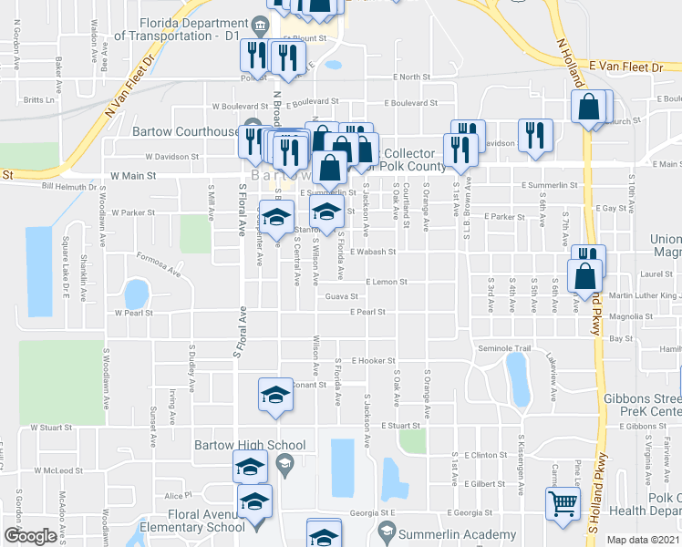 map of restaurants, bars, coffee shops, grocery stores, and more near 560 South Florida Avenue in Bartow