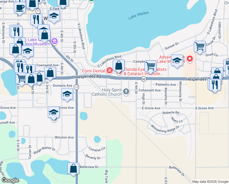 map of restaurants, bars, coffee shops, grocery stores, and more near 734 Cohassett Avenue in Lake Wales