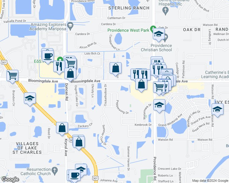 map of restaurants, bars, coffee shops, grocery stores, and more near 10814 Peppersong Drive in Riverview
