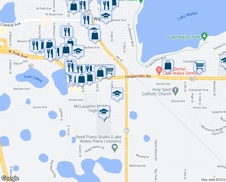 map of restaurants, bars, coffee shops, grocery stores, and more near 411 Emerald Avenue in Lake Wales