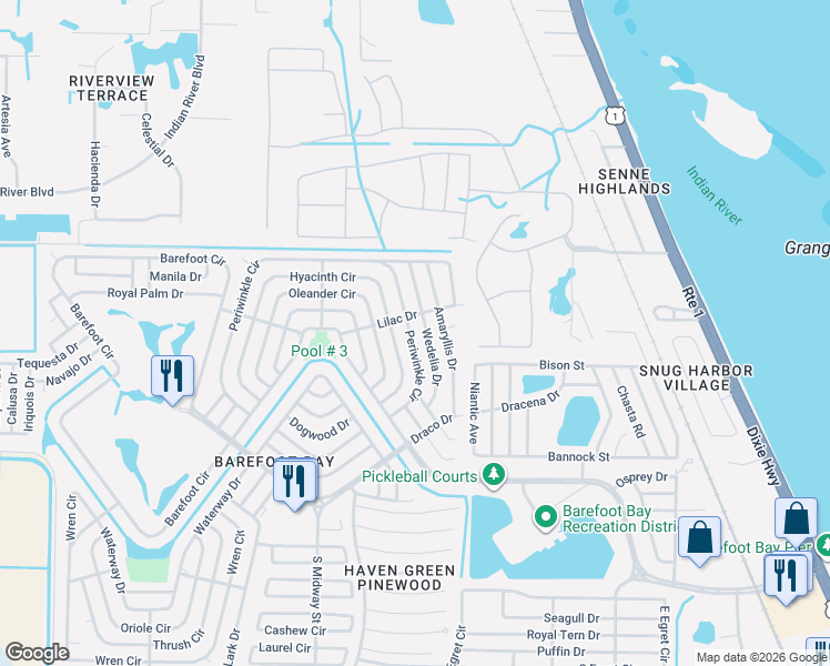 map of restaurants, bars, coffee shops, grocery stores, and more near 642 Periwinkle Circle in Micco