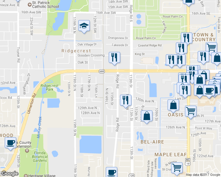 map of restaurants, bars, coffee shops, grocery stores, and more near 13120 115th Street in Largo
