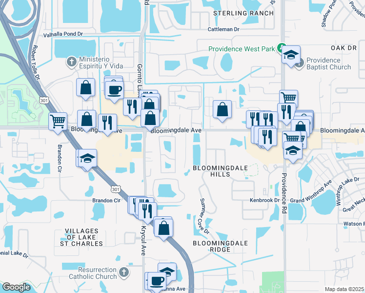 map of restaurants, bars, coffee shops, grocery stores, and more near 6007 Christy Lane in Riverview