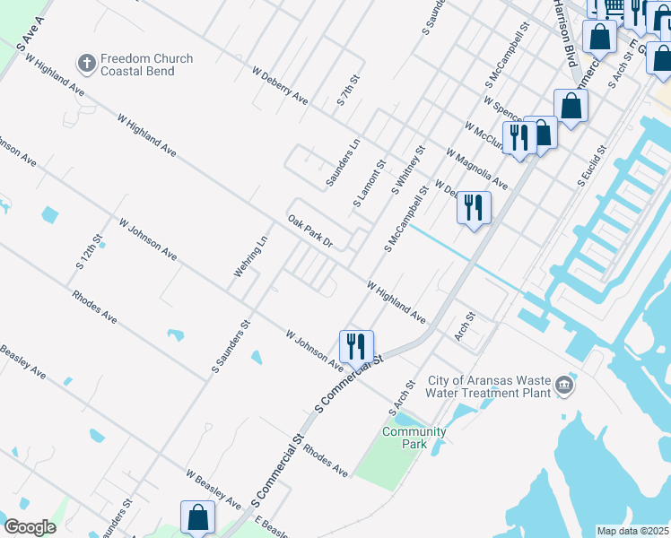 map of restaurants, bars, coffee shops, grocery stores, and more near 517 West Highland Avenue in Aransas Pass