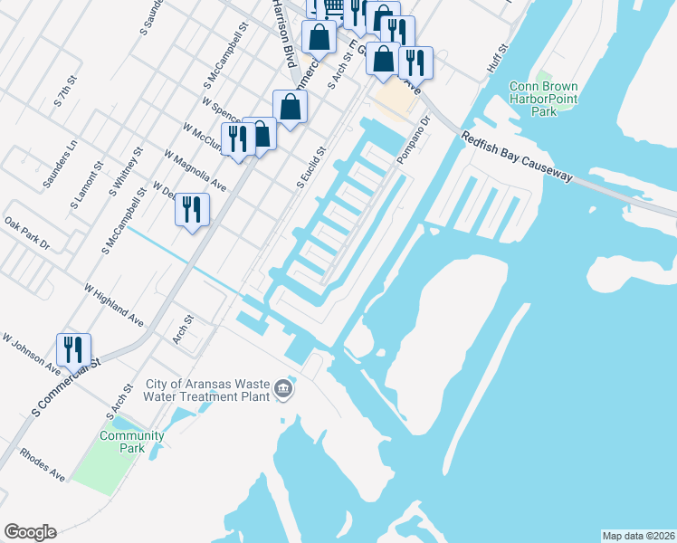map of restaurants, bars, coffee shops, grocery stores, and more near 1037 Pompano Drive in Aransas Pass