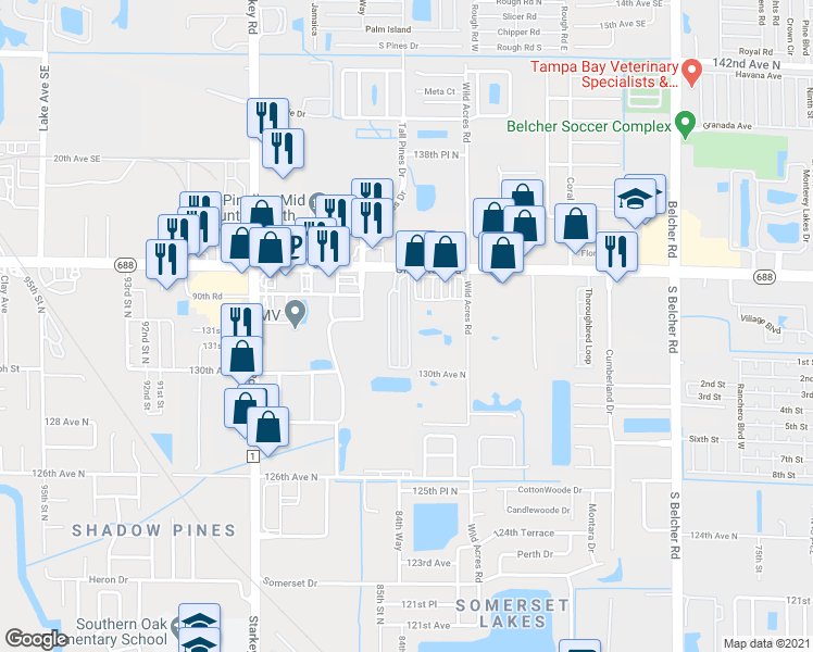 map of restaurants, bars, coffee shops, grocery stores, and more near 8500 Ulmerton Road in Largo