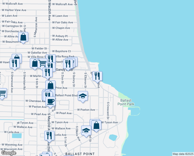 map of restaurants, bars, coffee shops, grocery stores, and more near 4937 Bayshore Boulevard in Tampa