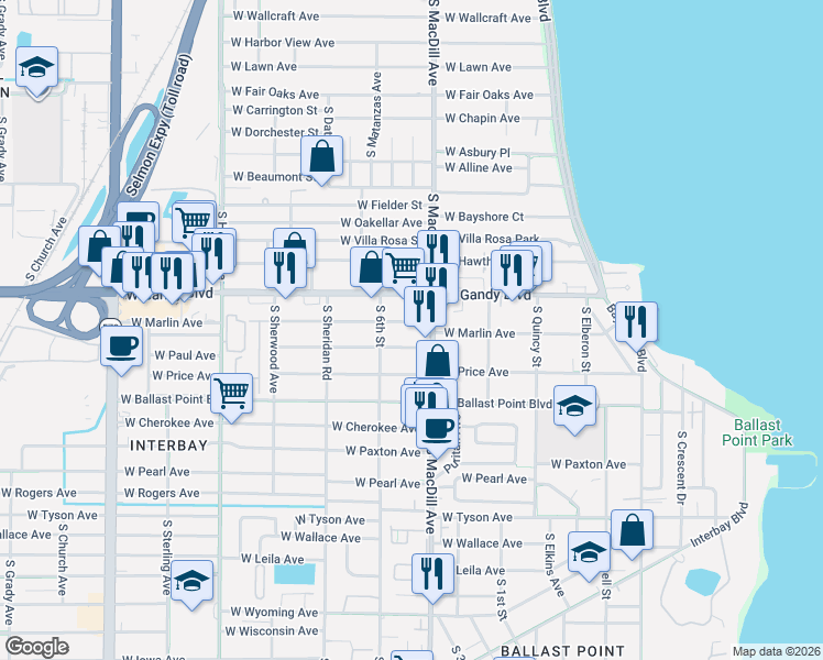 map of restaurants, bars, coffee shops, grocery stores, and more near 5001 South MacDill Avenue in Tampa