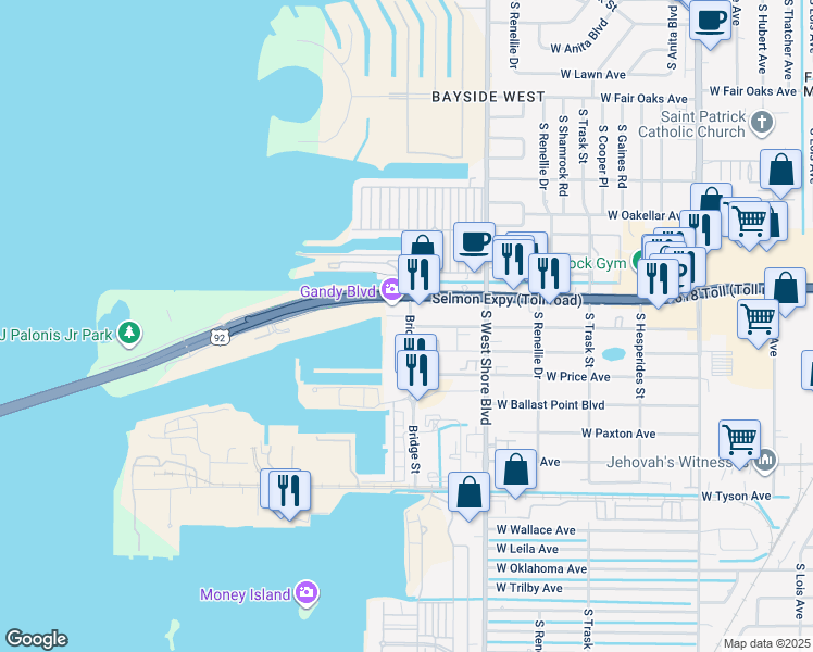 map of restaurants, bars, coffee shops, grocery stores, and more near 5001 Bridge Street in Tampa