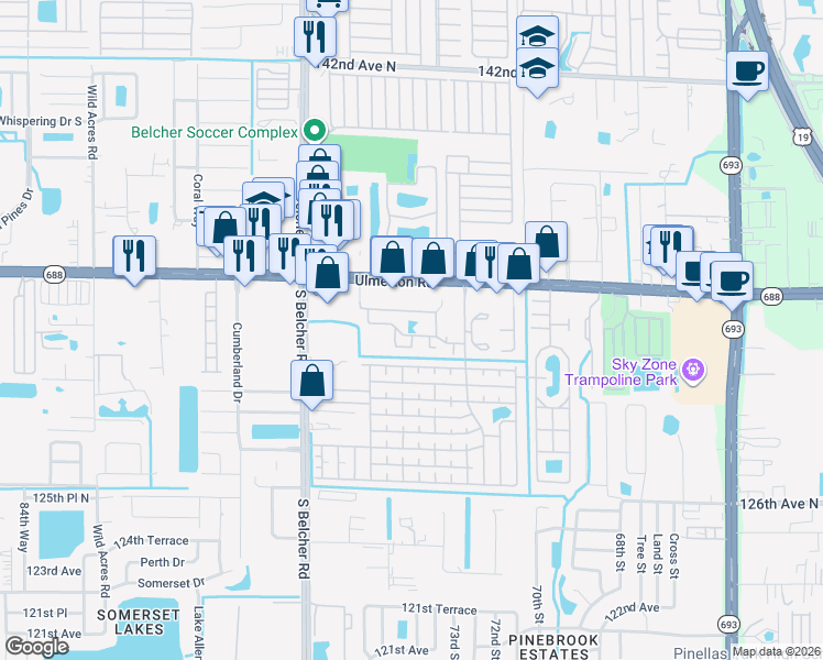 map of restaurants, bars, coffee shops, grocery stores, and more near 7360 Ulmerton Road in Largo