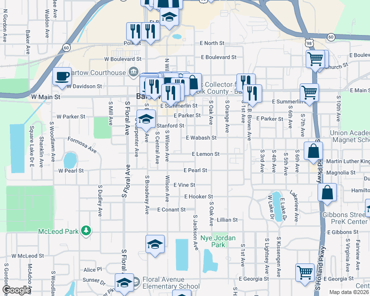 map of restaurants, bars, coffee shops, grocery stores, and more near 570 South Florida Avenue in Bartow
