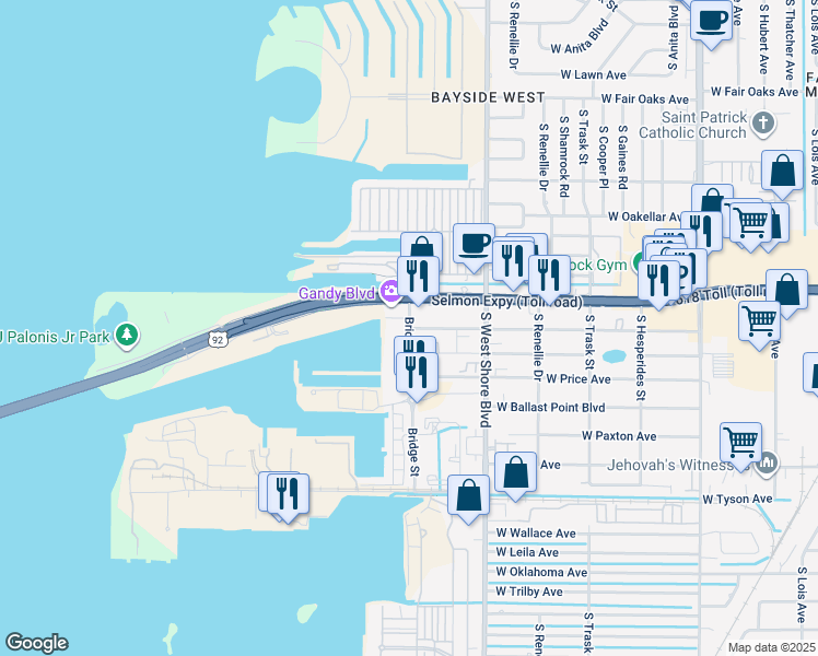 map of restaurants, bars, coffee shops, grocery stores, and more near 5001 Bridge Street in Tampa