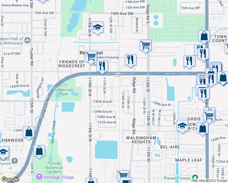 map of restaurants, bars, coffee shops, grocery stores, and more near 13155 116th Lane in Largo