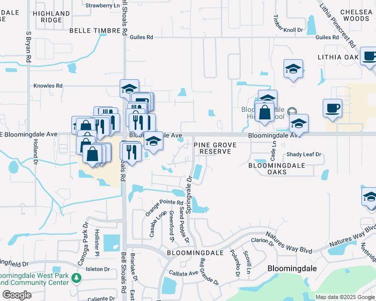 map of restaurants, bars, coffee shops, grocery stores, and more near 3443 Pine Trace Circle in Valrico