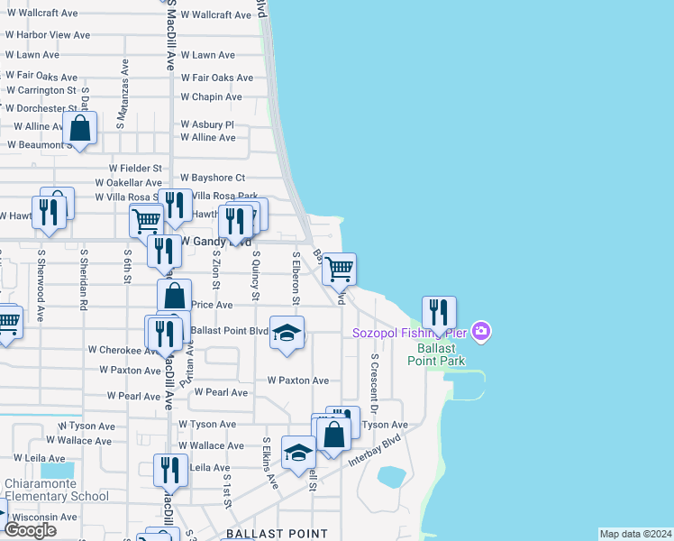 map of restaurants, bars, coffee shops, grocery stores, and more near 4937 Bayshore Boulevard in Tampa