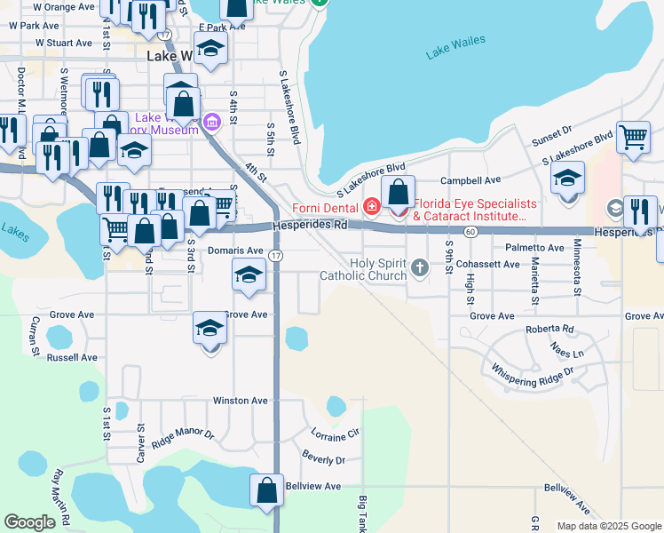 map of restaurants, bars, coffee shops, grocery stores, and more near 555 Emerald Avenue in Lake Wales