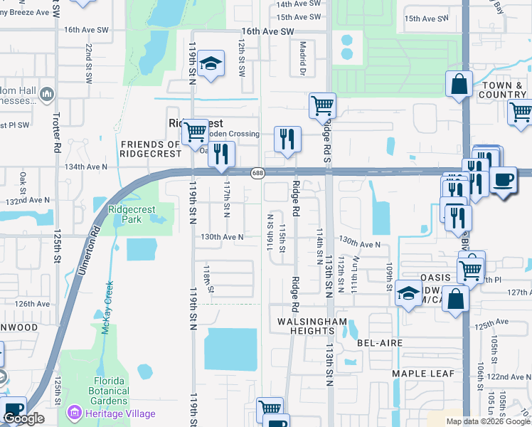 map of restaurants, bars, coffee shops, grocery stores, and more near 13120 115th Street in Largo