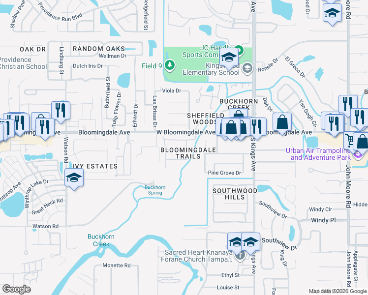 map of restaurants, bars, coffee shops, grocery stores, and more near 1420 Trail Boss Lane in Brandon