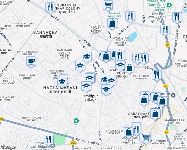 map of restaurants, bars, coffee shops, grocery stores, and more near Shakti Nagar Gular Road in Aligarh