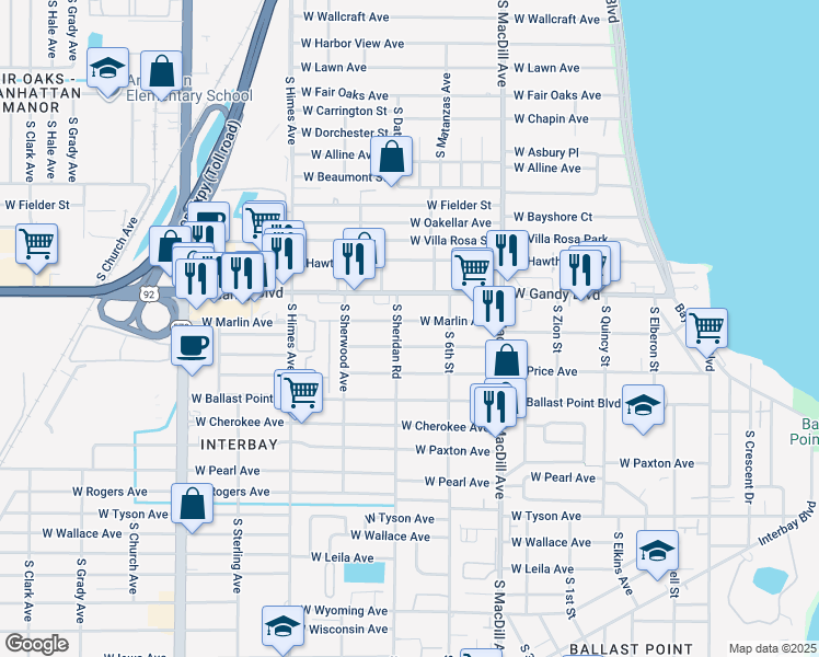 map of restaurants, bars, coffee shops, grocery stores, and more near 3212 West Marlin Avenue in Tampa