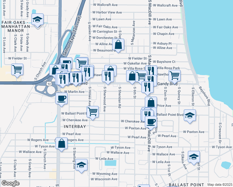 map of restaurants, bars, coffee shops, grocery stores, and more near 3306 West Marlin Avenue in Tampa