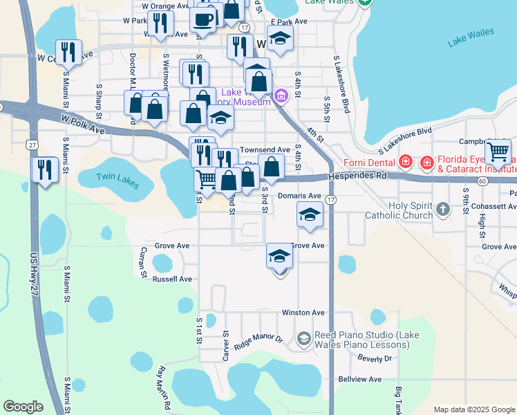 map of restaurants, bars, coffee shops, grocery stores, and more near 227 Emerald Avenue in Lake Wales