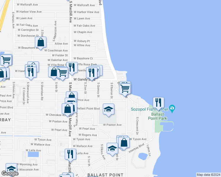 map of restaurants, bars, coffee shops, grocery stores, and more near 4911 South Elberon Street in Tampa