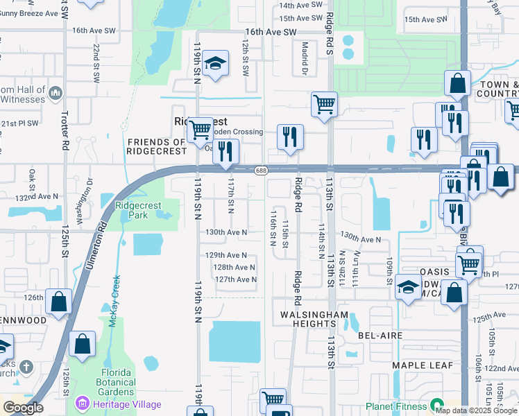 map of restaurants, bars, coffee shops, grocery stores, and more near 13155 116th Lane in Largo