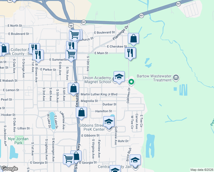 map of restaurants, bars, coffee shops, grocery stores, and more near 1950 Laurel Street in Bartow