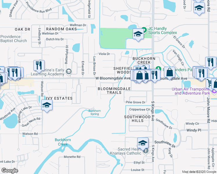 map of restaurants, bars, coffee shops, grocery stores, and more near 1420 Trail Boss Lane in Brandon