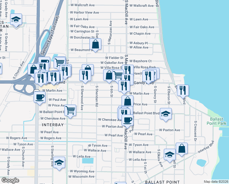 map of restaurants, bars, coffee shops, grocery stores, and more near 3120 West Marlin Avenue in Tampa