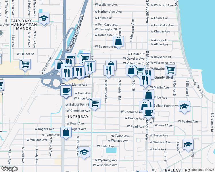 map of restaurants, bars, coffee shops, grocery stores, and more near 3324 West Marlin Avenue in Tampa