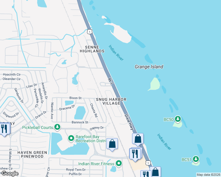 map of restaurants, bars, coffee shops, grocery stores, and more near 5650 Buckhorn Place in Sebastian