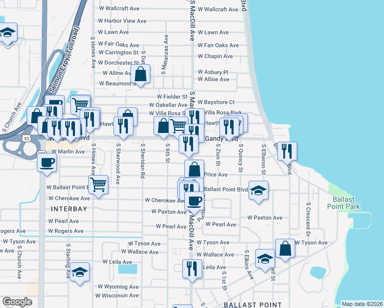 map of restaurants, bars, coffee shops, grocery stores, and more near 5001 South MacDill Avenue in Tampa