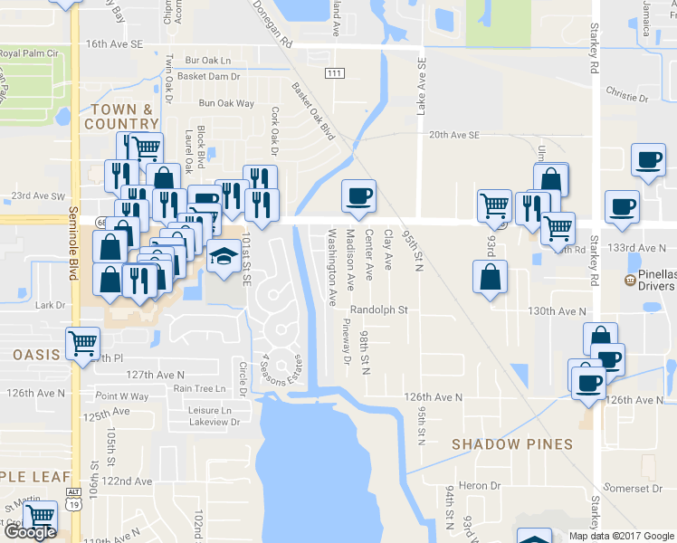 map of restaurants, bars, coffee shops, grocery stores, and more near 13175 Washington Avenue in Largo
