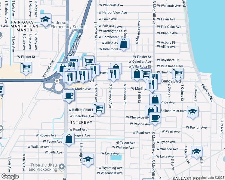 map of restaurants, bars, coffee shops, grocery stores, and more near 3324 West Marlin Avenue in Tampa