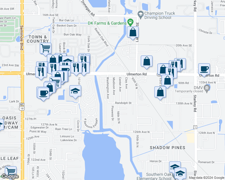 map of restaurants, bars, coffee shops, grocery stores, and more near 13174 Madison Avenue in Largo