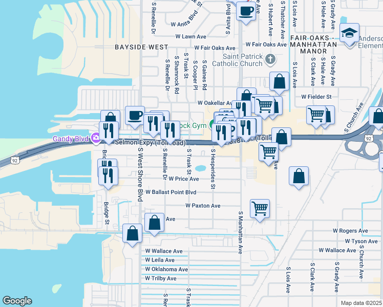 map of restaurants, bars, coffee shops, grocery stores, and more near 4910 South Trask Street in Tampa