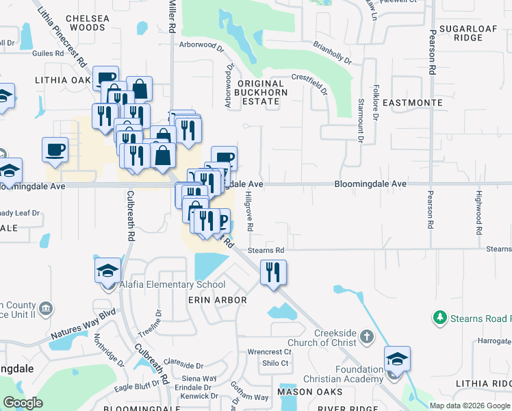 map of restaurants, bars, coffee shops, grocery stores, and more near 3407 Hillgrove Road in Valrico