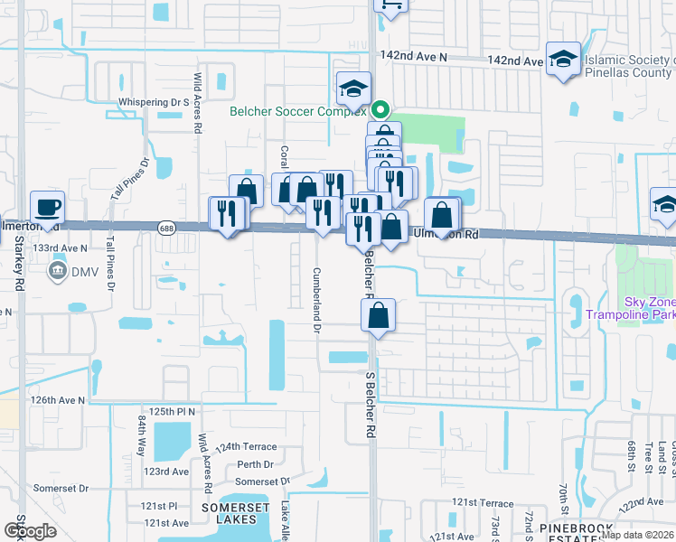 map of restaurants, bars, coffee shops, grocery stores, and more near 13200 South Belcher Road in Largo